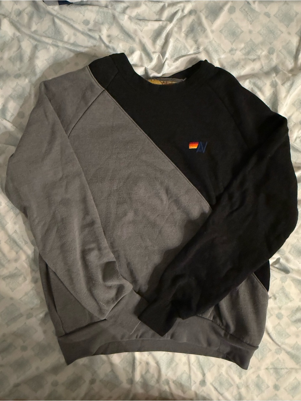 Aviator Nation diagonal black and gray color-blocked crewneck sweatshirt